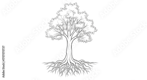 Detailed HandDrawn Tree with Visible Roots.