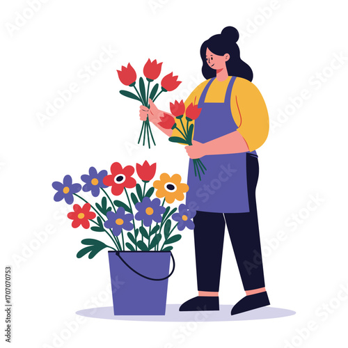 Woman florist arranging a bouquet of tulips and other flowers in a flower shop.