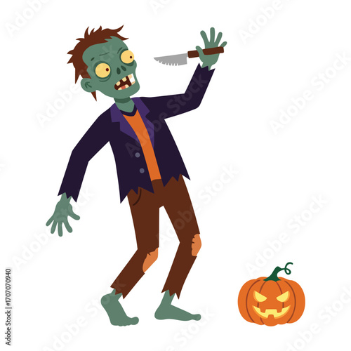 A cartoon zombie holding a knife and standing next to a carved Halloween pumpkin.