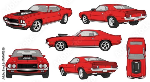 A set of vector illustrations showing a red classic muscle car from multiple angles, including front, side, and top views.