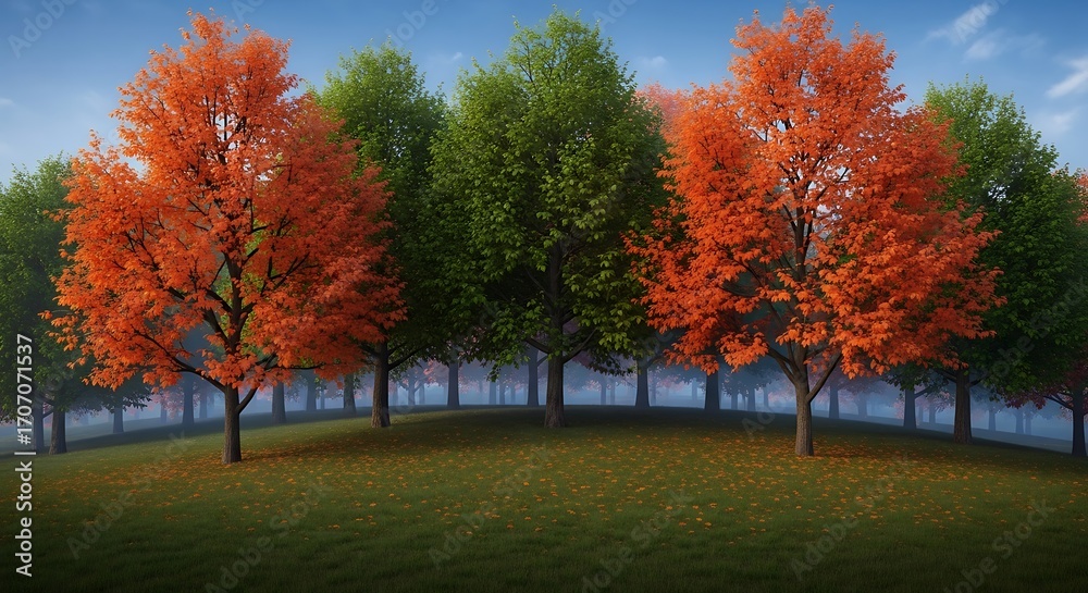 Naklejka premium Serene landscape of autumn leaves in a picturesque vibrant park