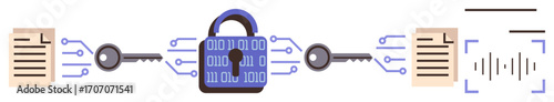 Digital lock with binary code, keys linking documents, and circuit-style connections. Ideal for cybersecurity, encryption, data protection, coding, privacy, secured transfer technology concept