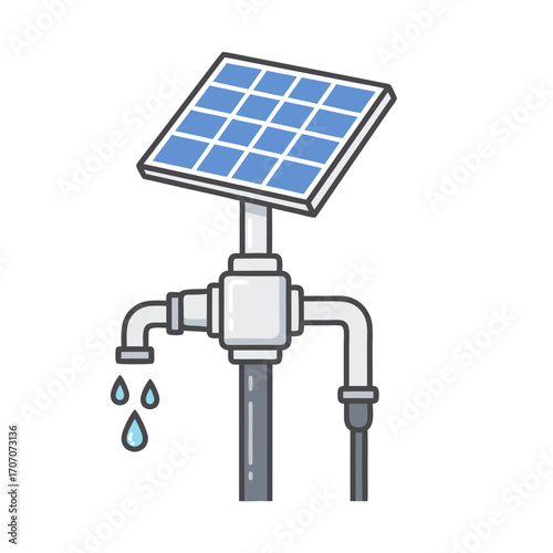 A solar panel connected to a water pump system with dripping water in a sustainable energy setup