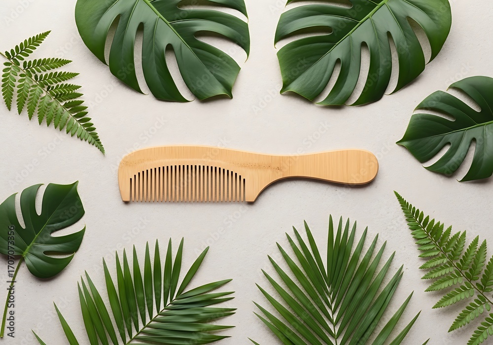 Fototapeta premium Wooden hair comb surrounded by diverse foliage creating natural composition