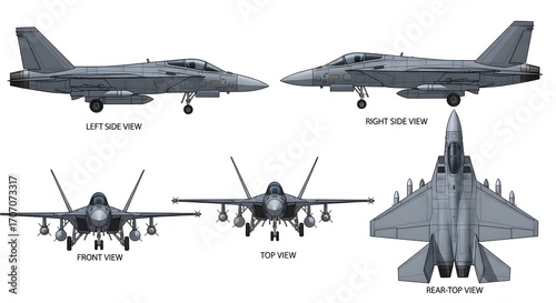 A fighter jet is displayed from five different angles: left, right, front, top, and rear views.
