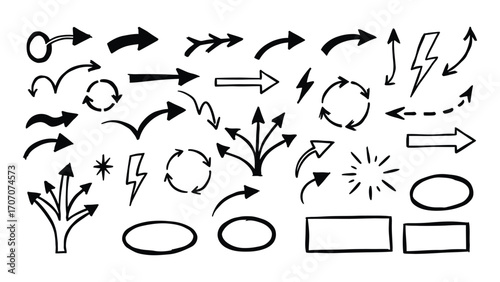 A diverse collection of hand-drawn doodle arrows, pointers, and sketchy abstract shapes