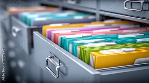 An organized filing system is implemented in a storage drawer using colorful folders, allowing for quick and easy access to important documents and records