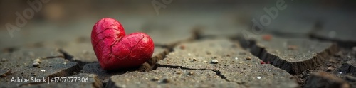 A single, withered red heart rests on a cracked, dusty ground, symbolizing profound loneliness and isolation  The harsh light emphasizes its fragility and vulnerability ,  vulnerability,  dust