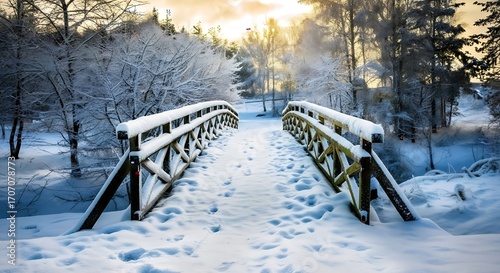 A snow covered wooden bridge leading into a winter forest with a golden sunset in the background
