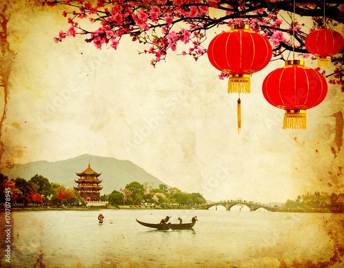 Vintage Asian landscape with lanterns