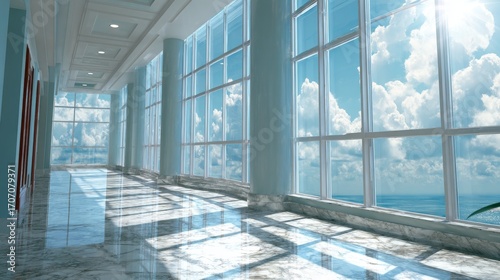 The modern corporate environment features a blurred office building lobby with clean minimalist design and architecture
