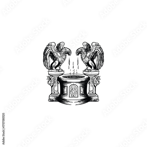 Elegant vintage vector illustration of a small well or fountain adorned with two detailed eagle statues or gargoyles spitting water