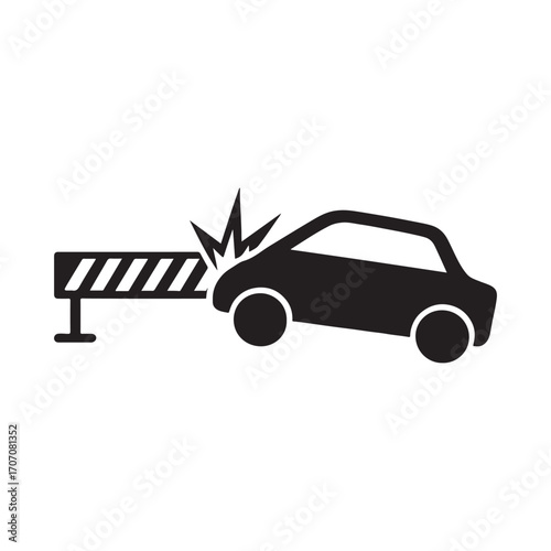 Car accident icon depicting a vehicle crashing into a safety barrier highlighting transportation safety and potential road hazards for visual communication