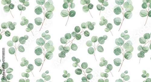 Watercolor Eucalyptus Leaves Pattern on White Background.