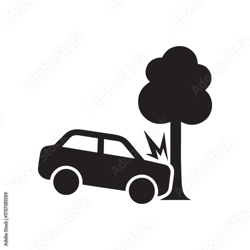 Car accident illustration featuring a vehicle colliding with a tree representing road safety and insurance claims for transportation incidents in a minimalist graphic style