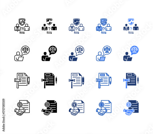 Dispute, Legal document, Legal advice, Business contract, multiple style icon set.