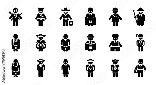 A collection of diverse profession and occupation icons, depicting individuals in various roles and attire.