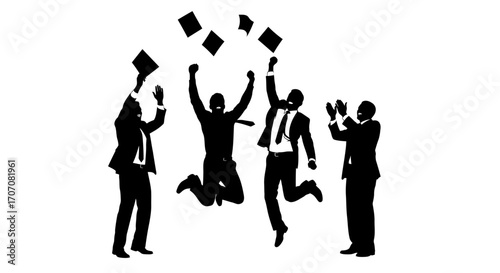 Silhouette of celebrating graduates, tossing caps in the air, showing excitement and achievement.