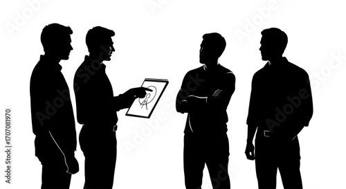 Four silhouetted men in a meeting, one pointing at a tablet displaying a target graphic.