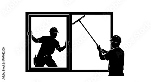 Two workers cleaning a large window using a squeegee, showcasing teamwork and professional window cleaning.