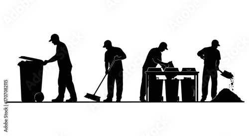 Silhouetted figures depicting waste management activities: emptying a bin, sweeping, sorting recycling, and shoveling.