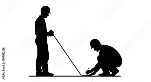 Two construction workers in silhouette, measuring a surface with a measuring rod and a pen.