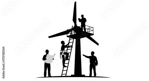 Wind turbine maintenance crew conducts inspection and repairs atop a tall structure.