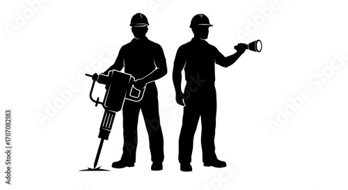 Two construction workers in silhouette, one holding a jackhammer, the other a flashlight, suggesting a construction site task.