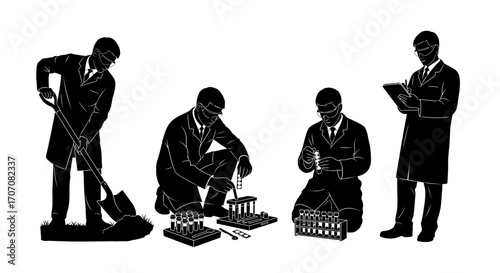 Silhouette illustration of scientists conducting various laboratory experiments, including digging, analyzing samples, and recording data.