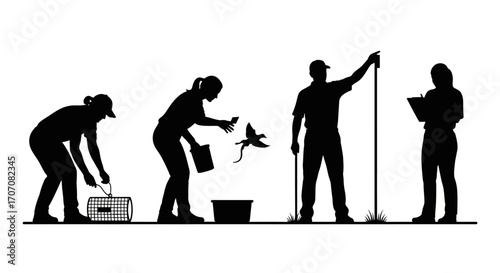 Silhouette illustration of people engaged in various gardening and landscaping tasks, from planting to measuring.