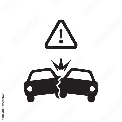 Car Accident Vector Icon Illustration with Warning Sign for Safety and Insurance Representation Depicting Collision and Vehicle Damage with Emergency Attention and Road Hazard Awareness