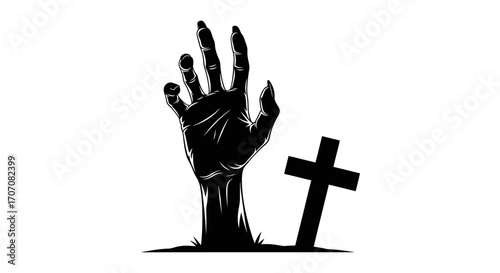 A zombie hand emerges from the ground next to a grave marked by a cross.