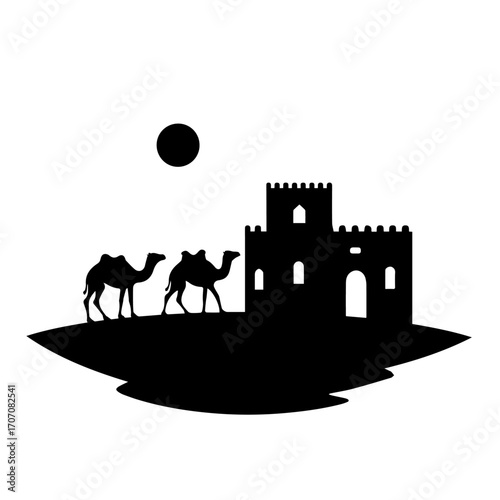 silhouette of mosque with camel