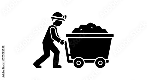Silhouette of a miner pushing a coal cart, conveying hard work and industry.