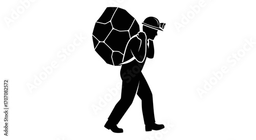 A miner, burdened by a heavy rock, trudges forward under the weight.