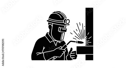 Welder in protective gear working on a metal structure, sparks flying, in a black and white graphic.
