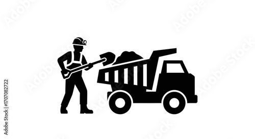 A miner loading a dump truck with excavated material in a simple, black and white illustration.
