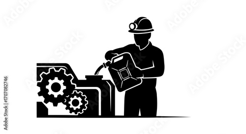 Silhouette of a worker pouring liquid from a container into a machine with visible gears.