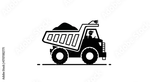 A black and white illustration of a dump truck carrying a load, driven by a person.