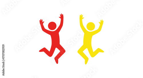 Two stylized figures, one red and one yellow, jumping with arms raised in a celebratory gesture.