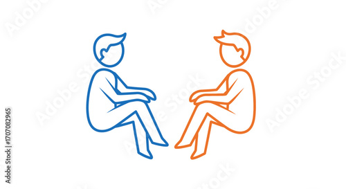 Two stylized figures seated facing each other, likely representing a conversation or discussion.