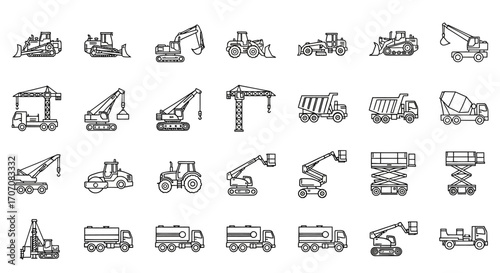 Collection of line art illustrations depicting various construction vehicles and machinery.