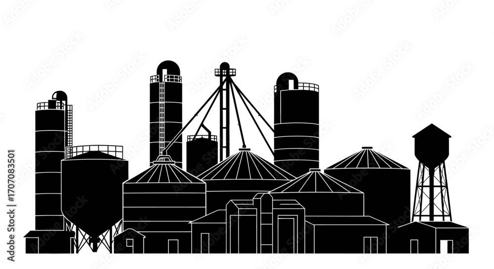 Obraz premium Silhouettes of industrial grain storage facilities against a white background.