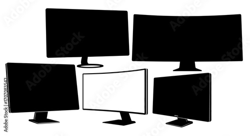 Silhouette depiction of various computer monitors, showcasing different shapes and designs.