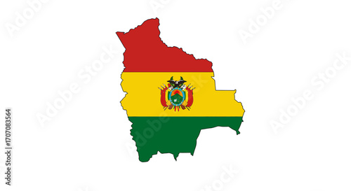 A depiction of Bolivias map overlaid with its flag and coat of arms