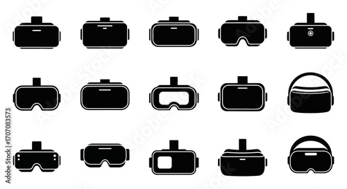 Various black silhouette designs of virtual reality headsets, showcasing different styles and features.