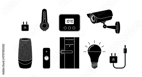 Smart home technology icons: security, climate control, and convenience devices.