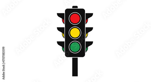 A black traffic light displays red, yellow, and green signals against a white background.