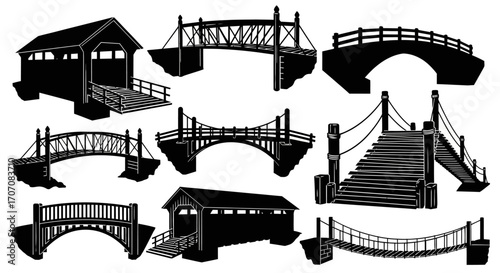 Collection of bridge silhouettes: covered, arched, suspension, and truss designs in black and white.
