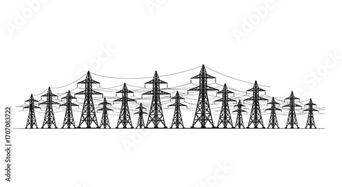 A panoramic view of numerous electricity pylons and power lines stretching across the landscape.